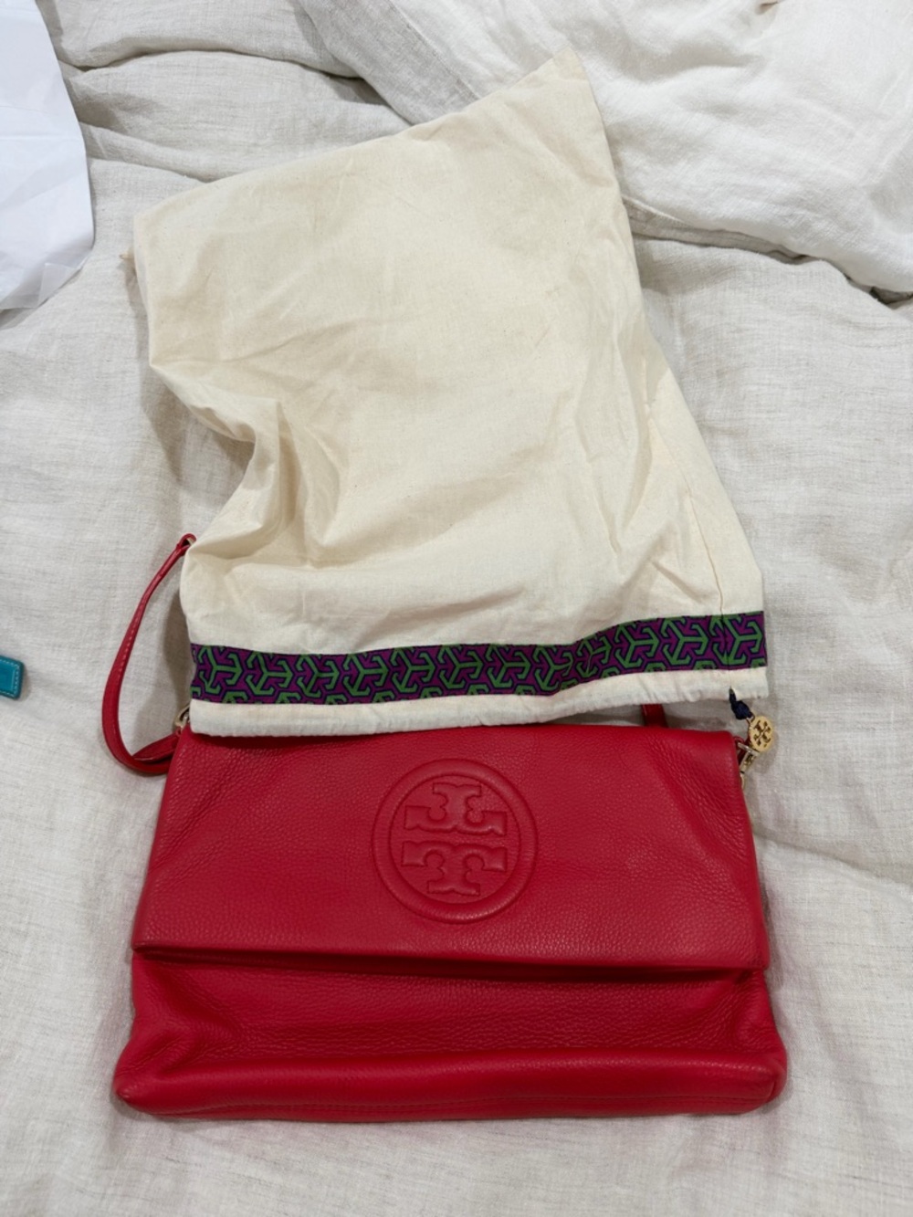 Tory Burch Red Pebbled Leather Fold-Over Crossbody